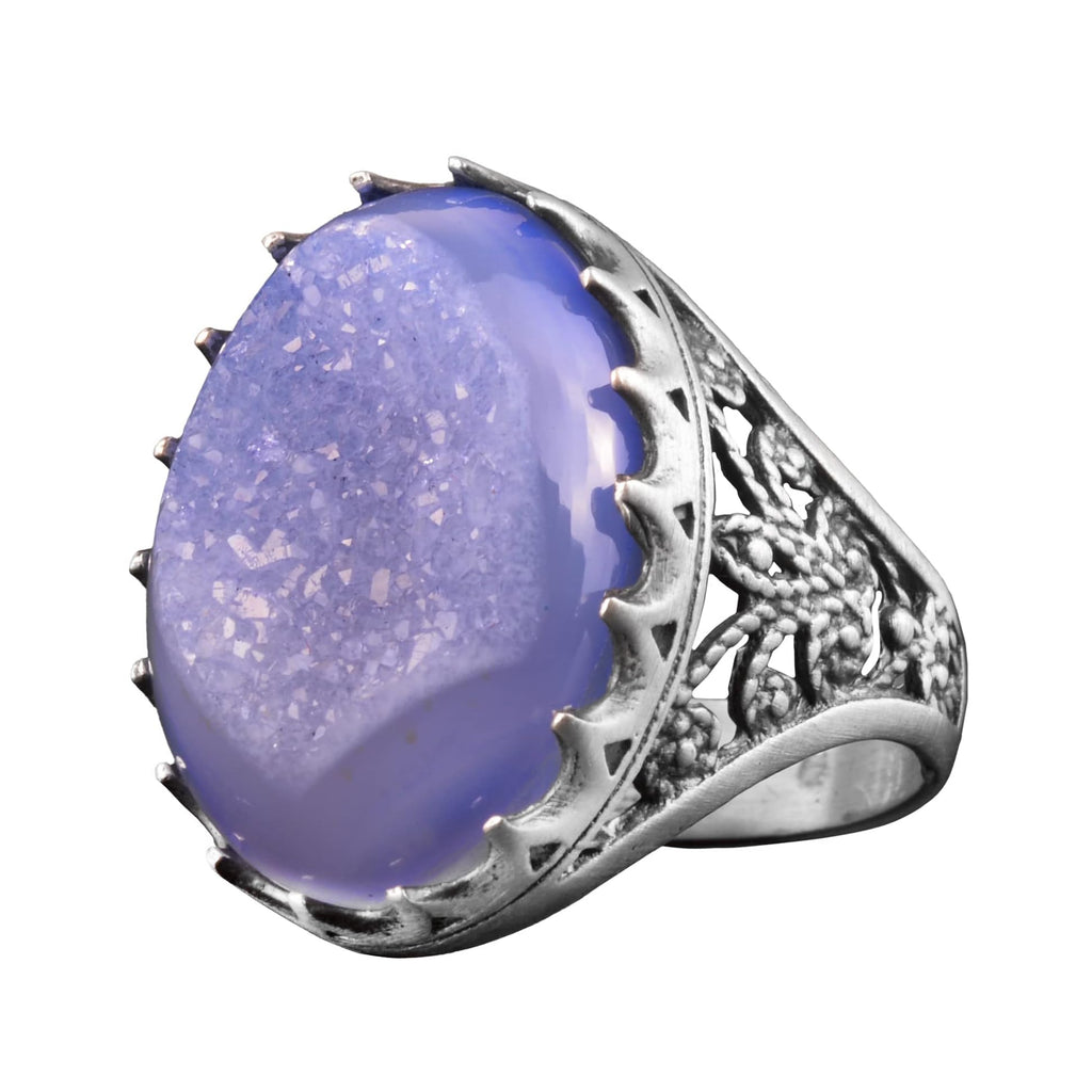 Silver Men's Ring Drusy Quartz Natural Stone