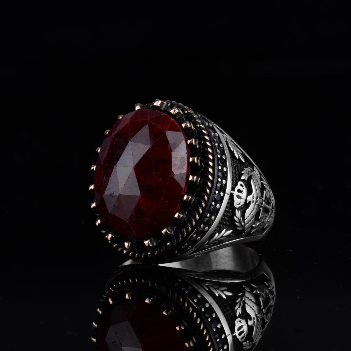 KAMBO Natural Sapphire 925 Sterling Silver Eagle Designed Men's Ring – Handmade Ottoman Style Statement Ring (Red Sapphire) — 5