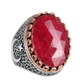 KAMBO 925 Sterling Silver Men's Natural Stone Ring - Moon and Star Design - Handmade Vintage Jewelry (Ruby)