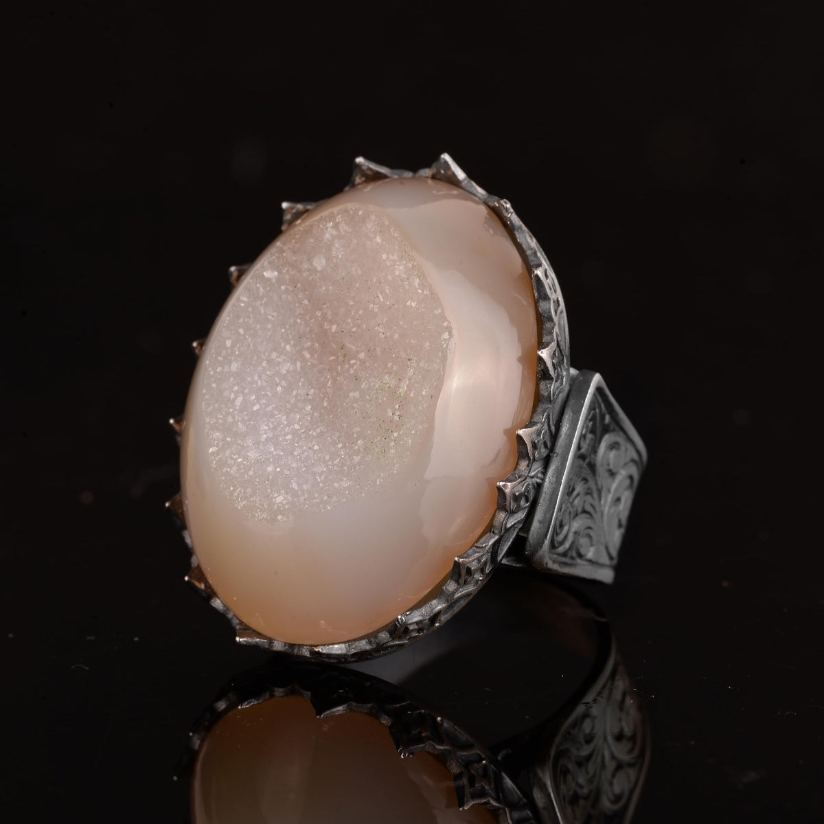 Kambo Men's Large 925 Sterling Silver Ring with Natural Druzy Quartz Stone: Akua, Green, Beige Options (Beige) — 5