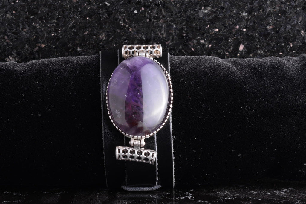 KAMBO Genuine Leather Cuff Bracelet for Men, Amethyst Natural Stone in 925 Sterling Silver Frame, Handmade Wide Leather 