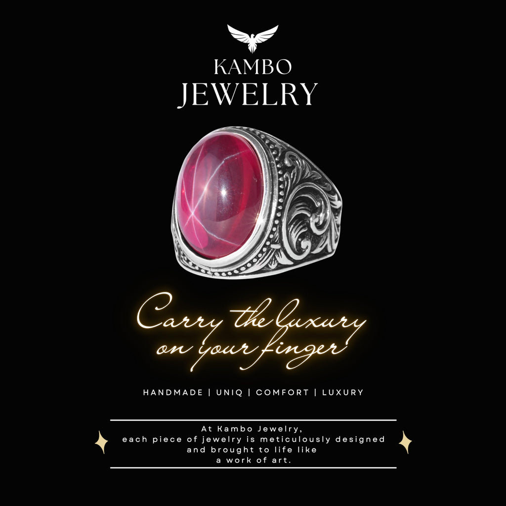 KAMBO Natural Star Ruby Stone Ring for Men 925 Sterling Silver Ottoman Pattern Handmade Statement Ring Asterism Ruby — 7
