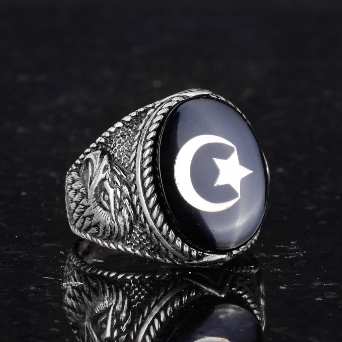 Crescent and Star Eagle Ring - 925 Sterling Silver — 4