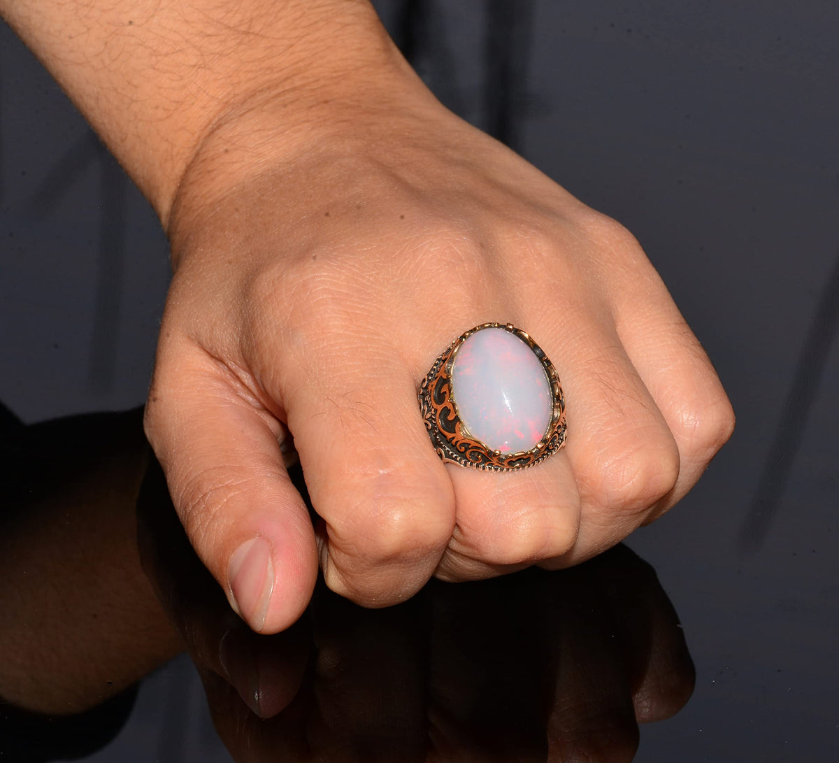 Australian Opal Natural Stone Ring - 10.00 Carat - Men's Ring - 925 Sterling Silver — 7