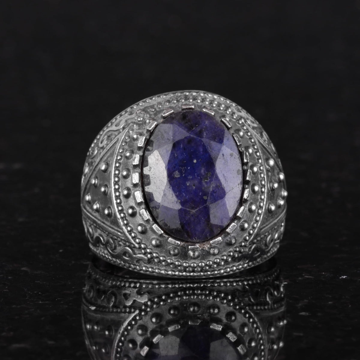 KAMBO Genuine Natural Stone Ring, 925K Solid Silver Men's Ring (Blue Sapphire) — 4