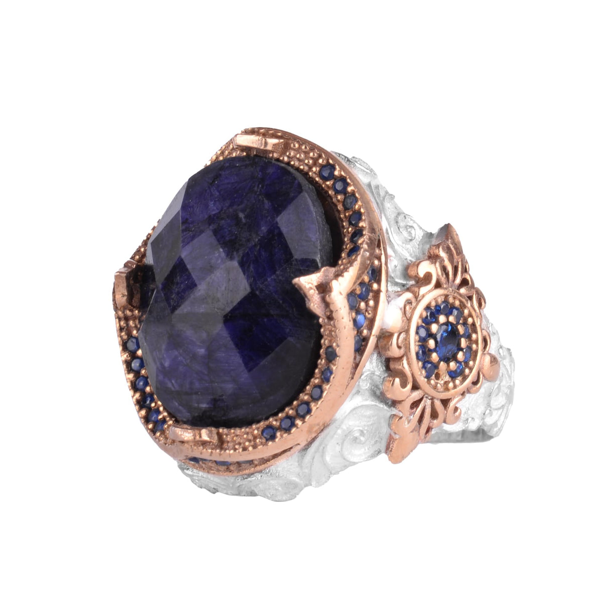 KAMBO Natural Stone Men's Ring – 925 Sterling Silver Bronze Detail Statement Ring – Handmade Ring (Sapphire)