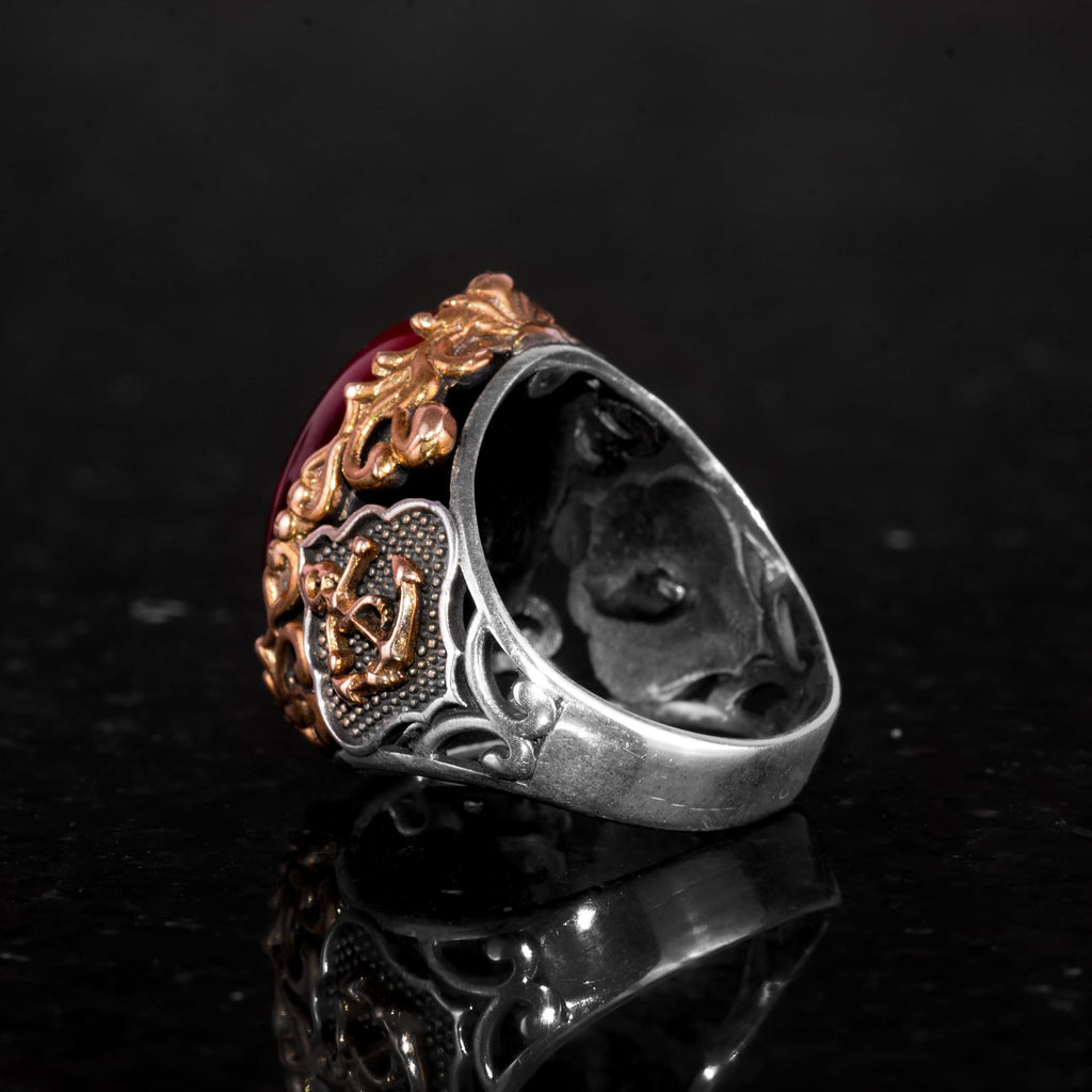 Nautical Anchor Ring - Natural Star Ruby Stone 925 Sterling Silver Men's Ring — 7