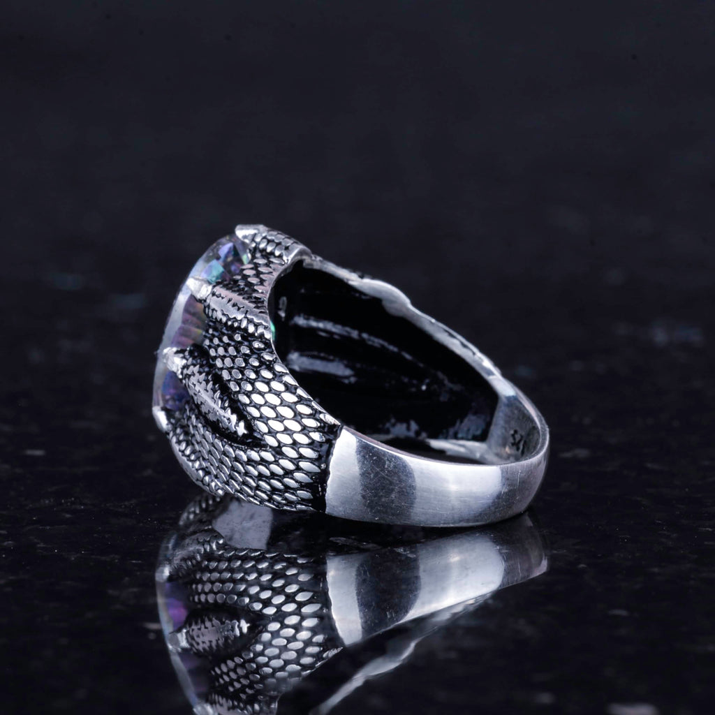Silver Claw Ring with Natural Mystic Topaz Stone — 5