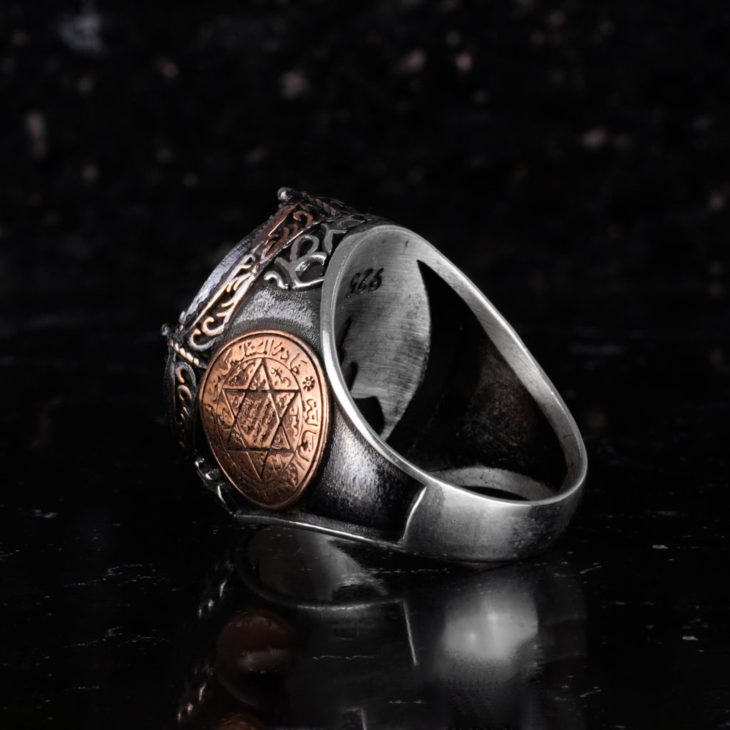 KAMBO Large Men's 925 Sterling Silver Ring – Bronze Star of David Detail – Symbolic Statement Ring (Angel) — 7