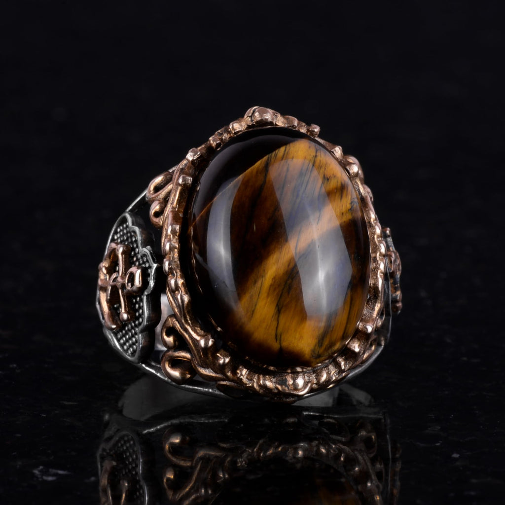 Real Tiger Eye Natural Stone Ring, Anchor Ring, Sailor Men's Ring, 925 Sterling Silver Ring — 6