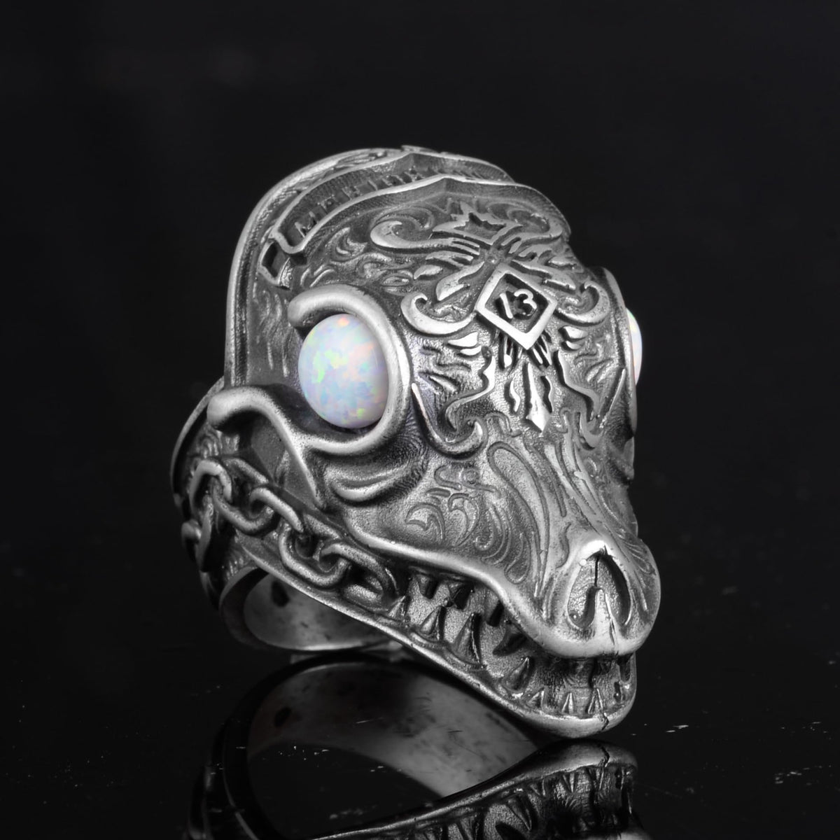 KAMBO Dragon Pattern Heavy 925 Sterling Silver Men's Large Ring - Handmade Animal Figurine Ring (Synthetic White Opal) — 5