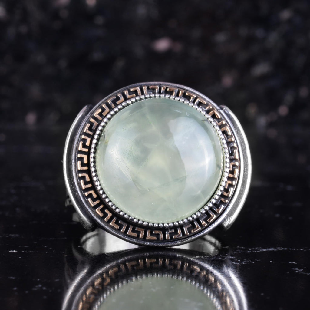 KAMBO Stone Round Men's Ring 925 Sterling Silver – Cabochon Handmade Vintage Greek Pattern Statement Ring (Prehnite) — 4