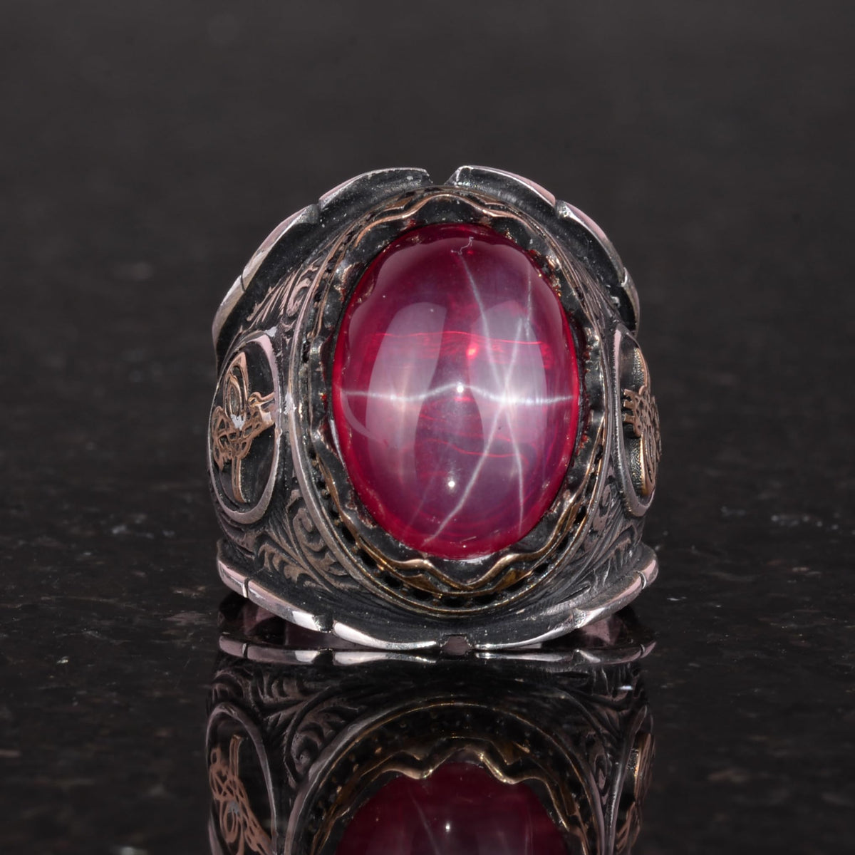 925 Sterling Silver Men's Ring, Handmade Natural Star Ruby Stone Ring, Ottoman Tugra Silver Ring — 4