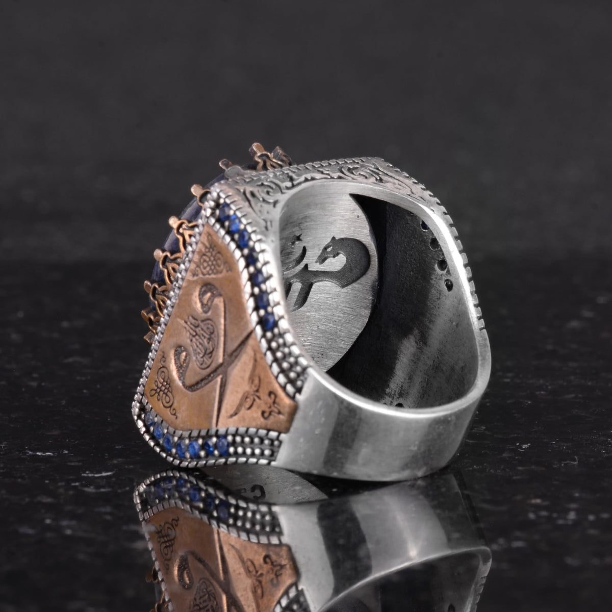 Natural Stone Ring - 925 Sterling Silver Islamic Ring - Handmade Calligraphy Ring (Lapis Lazuli) — 7