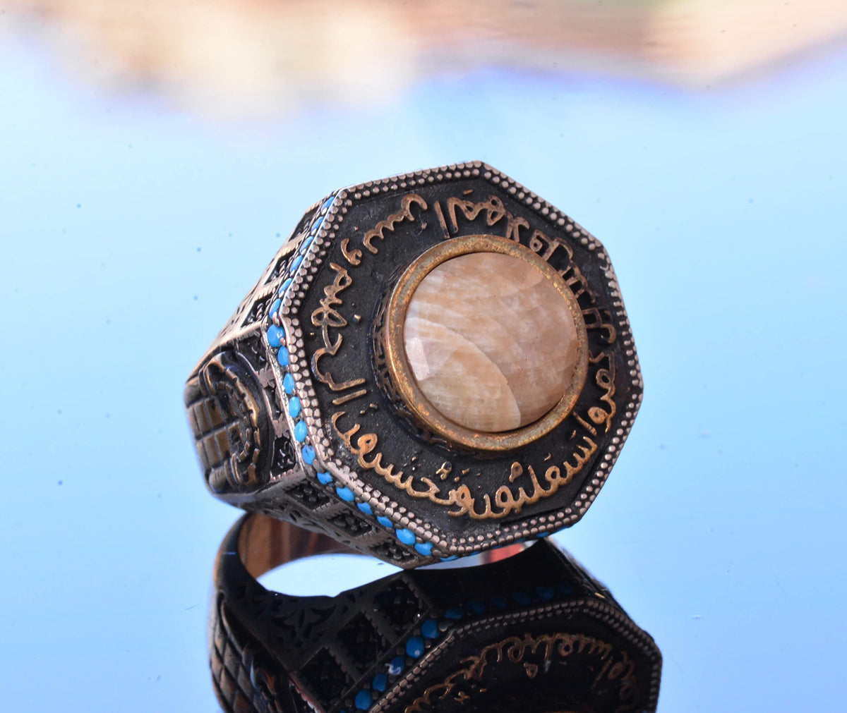 Natural Yellow Sapphire Stone Ring - 925 Sterling Silver Men's Islamic Ring Al-Aqsa Mosque Design — 5