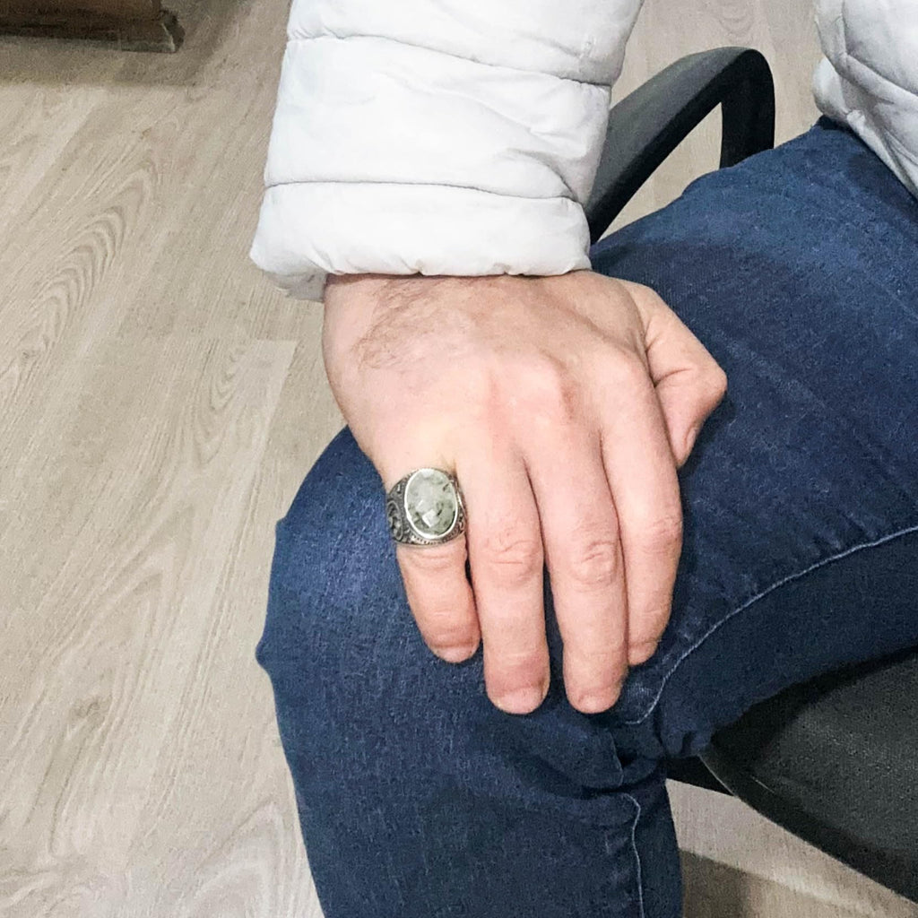 Handmade Prehnite Stone Ring - 925 Sterling Silver Men's Ring — 3