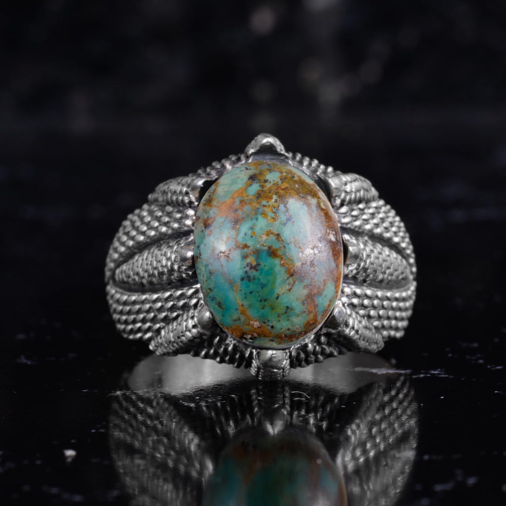 KAMBO Natural Turquoise Men's Ring 925 Sterling Silver – Oval Stone Claw Statement Men's Ring (Turquoise-1) — 4