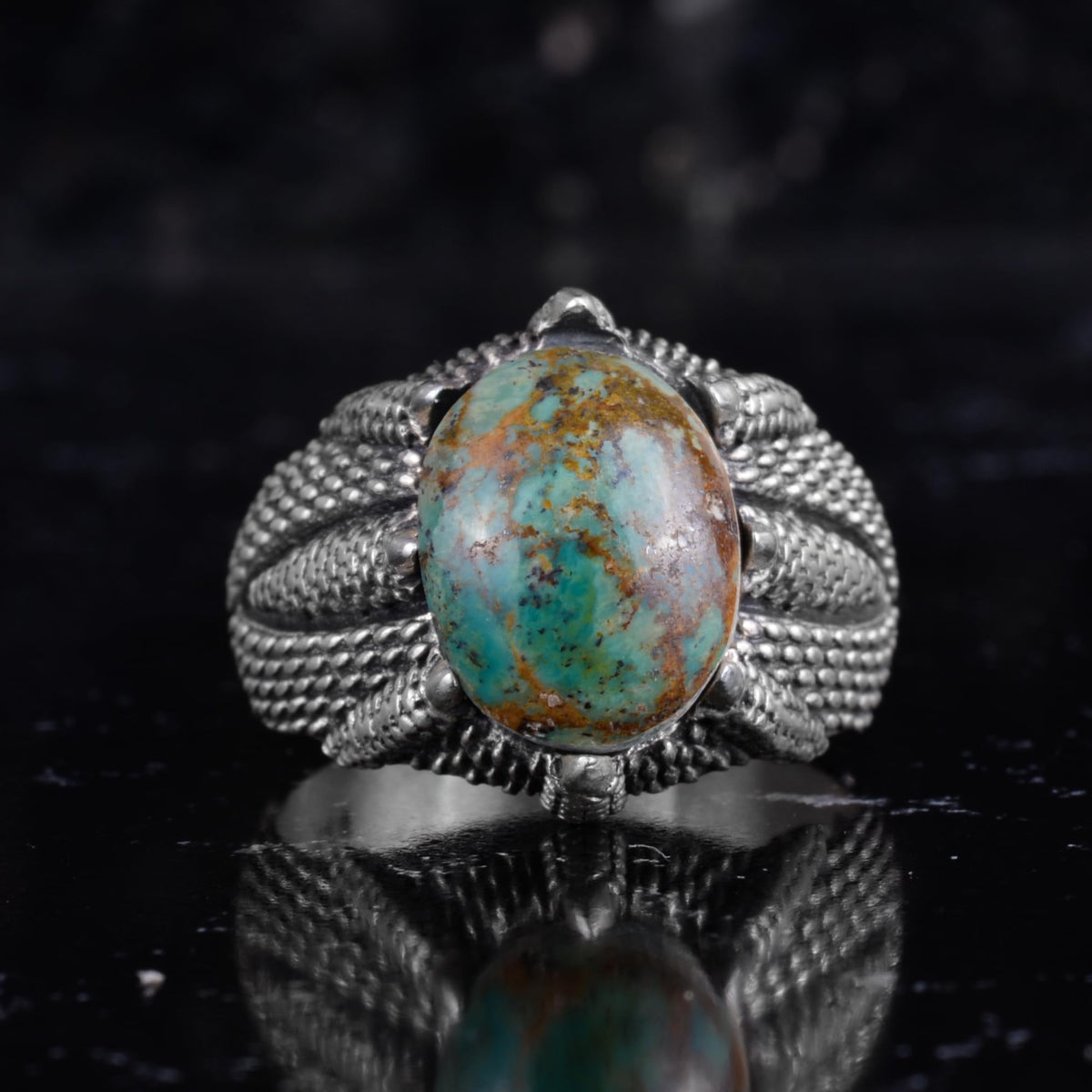 KAMBO Natural Turquoise Men's Ring 925 Sterling Silver – Oval Stone Claw Statement Men's Ring (Turquoise-1) — 4