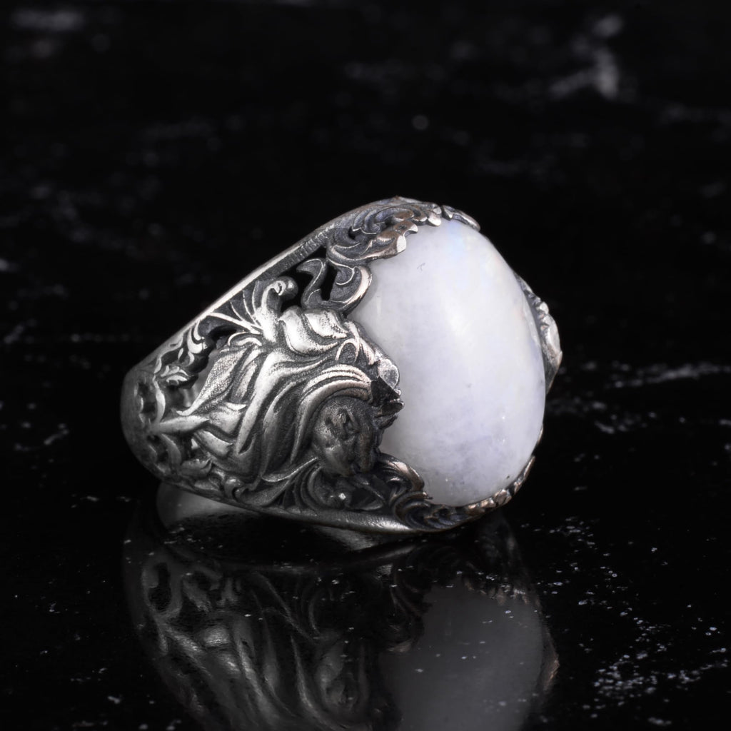 KAMBO Natural Stone Men's Ring 925 Sterling Silver - Large Flower Engraved Statement Ring - Handmade Vintage Ring for Men (Moonstone) — 6
