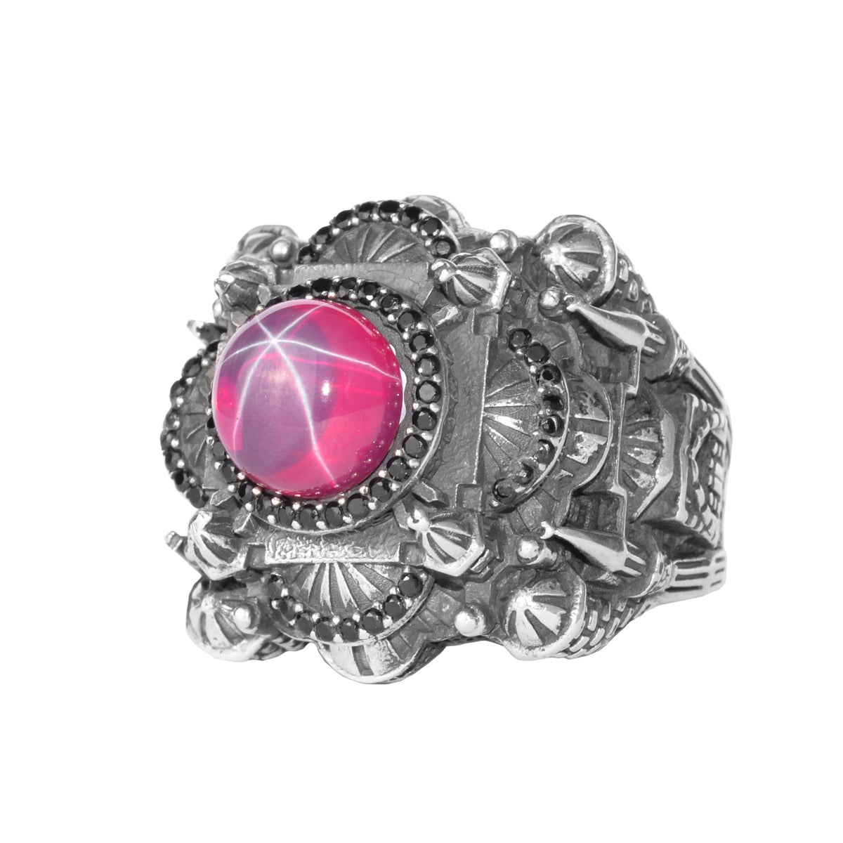 KAMBO Large Natural Stone Men's Ring 925 Sterling Silver – Handmade Statement Ring Inspired by Islamic Mosque (Star Ruby)