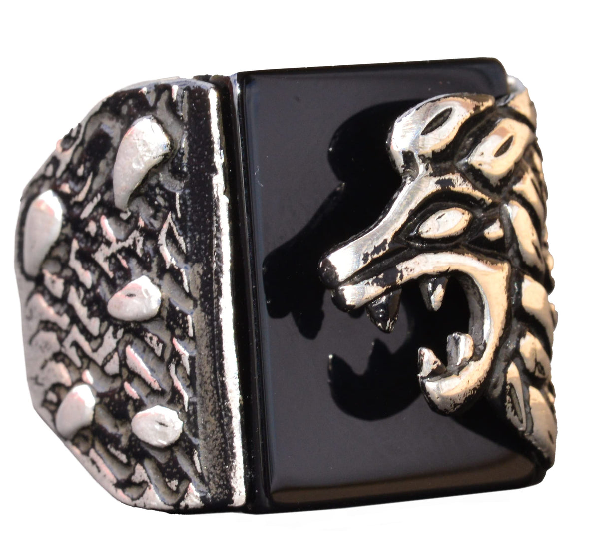 Natural Obsidian Stone Lion Head Ring - Silver Men's Ring