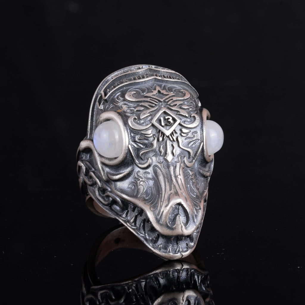 KAMBO Natural Stone Dragon Large Ring - Men's 925 Sterling Silver Gothic Handmade Statement Jewelry (Moonstone) — 5