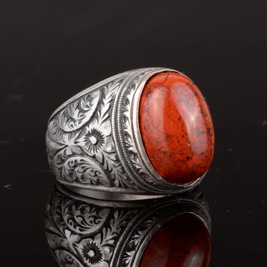 KAMBO Men's Red Natural Bloodstone Ring, Handcrafted Vintage Style in 925 Sterling Silver, Natural Gemstone Healing Crys