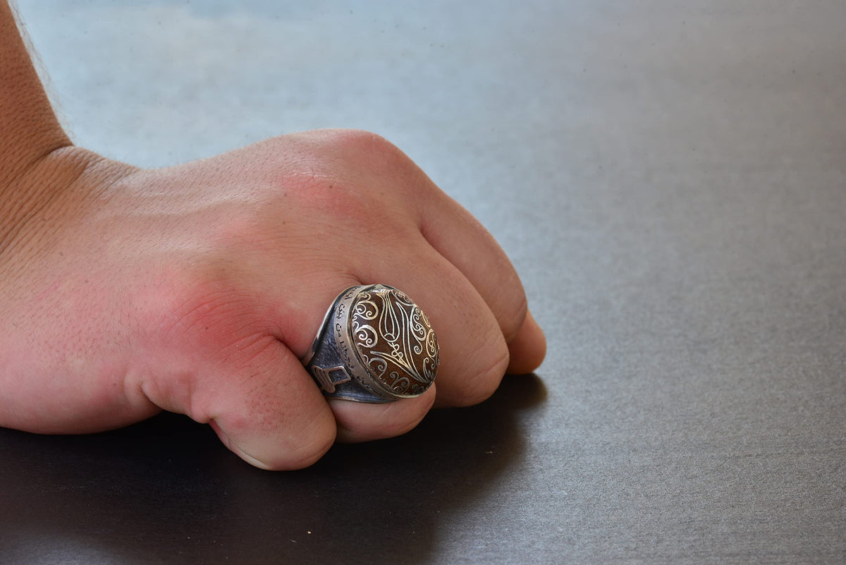Handmade Walnut Carved Silver Stone Embroidered - Silver Men's Ring — 7