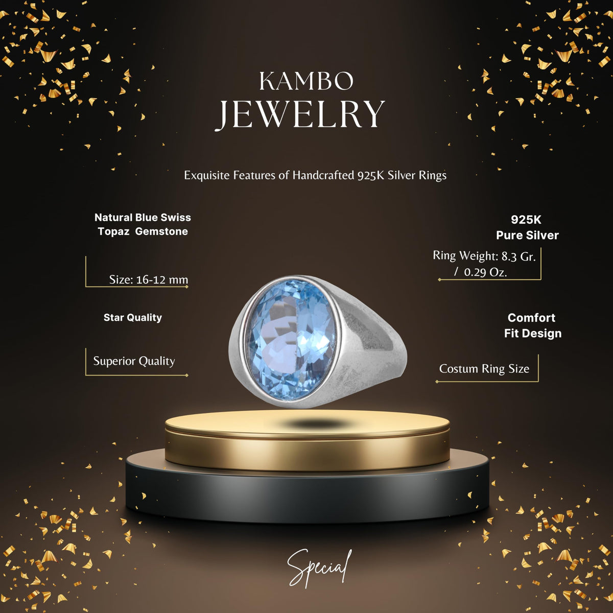 KAMBO Natural Blue Swiss Topaz Stone Men's Ring – Oval Cut Minimal Stone Ring – 925 Sterling Silver Handmade Elegant Men's Jewelry — 2