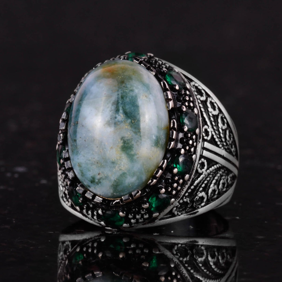 Natural Moss Agate Stone Ring - 925 Sterling Silver Men's Jewelry — 6
