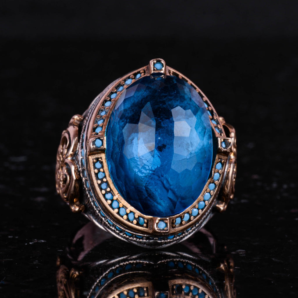 925 Sterling Silver Men's Ring, Synthetic Aquamarine Stone, Handcrafted Vintage Design Statement Ring — 4