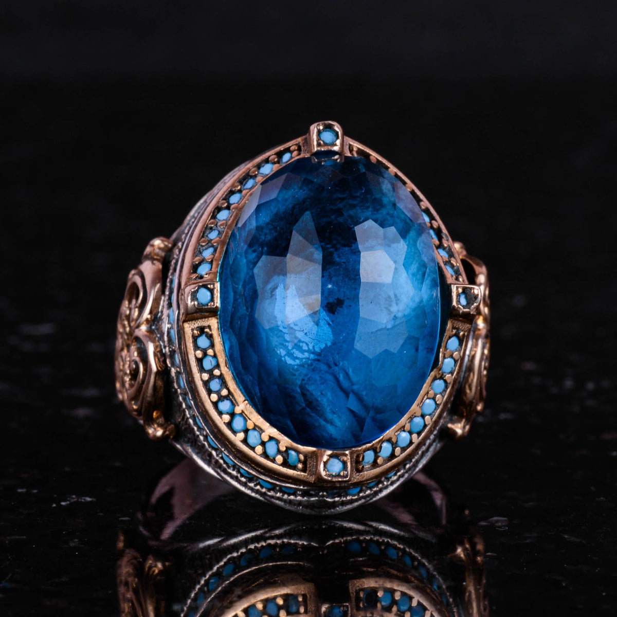 925 Sterling Silver Men's Ring, Synthetic Aquamarine Stone, Handcrafted Vintage Design Statement Ring — 4