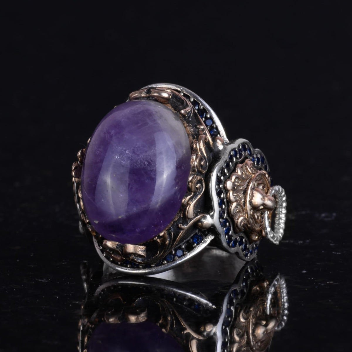 Natural Amethyst Stone Ring - Lion Silver Ring — 5