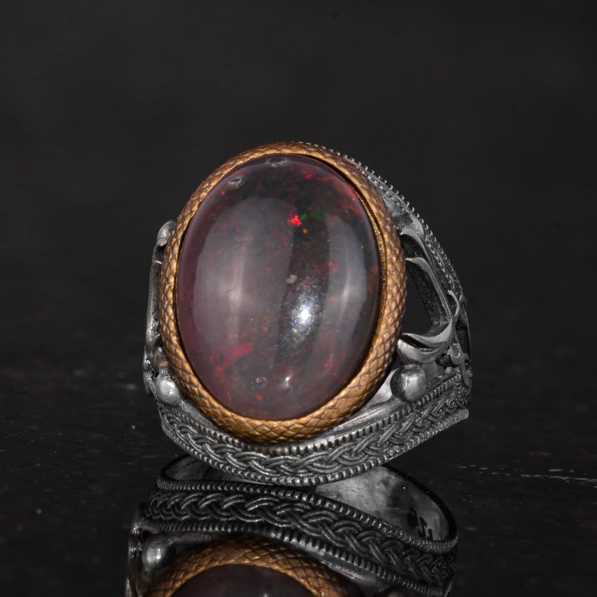 Natural Opal Stone Ring - 925 Sterling Silver Men's Ring - Double Sword Pattern Handmade Ring — 6