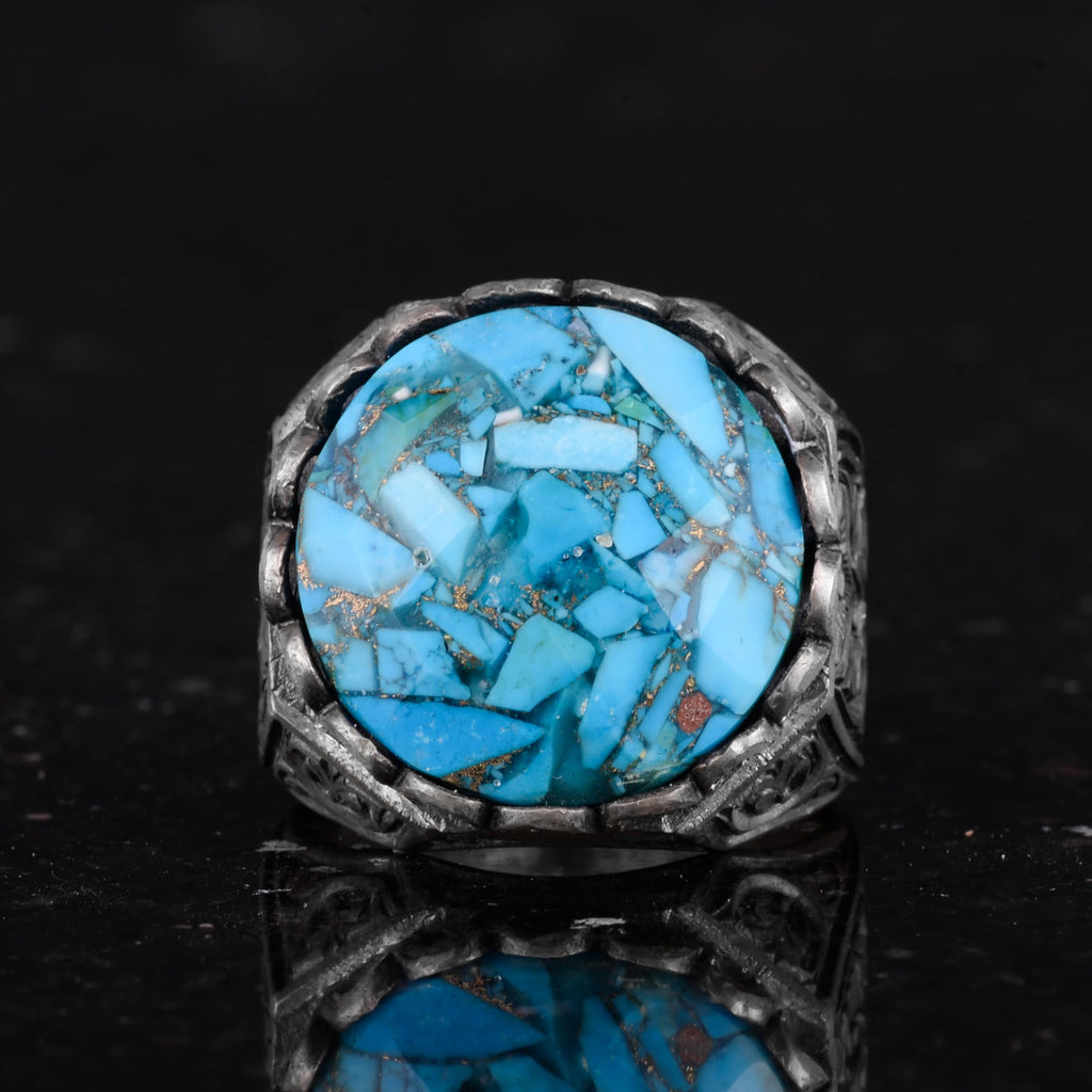 KAMBO Handmade 925 Sterling Silver Men's Ring with Genuine Natural Turquoise Stone, Ornate Vintage Design, Modern Statem