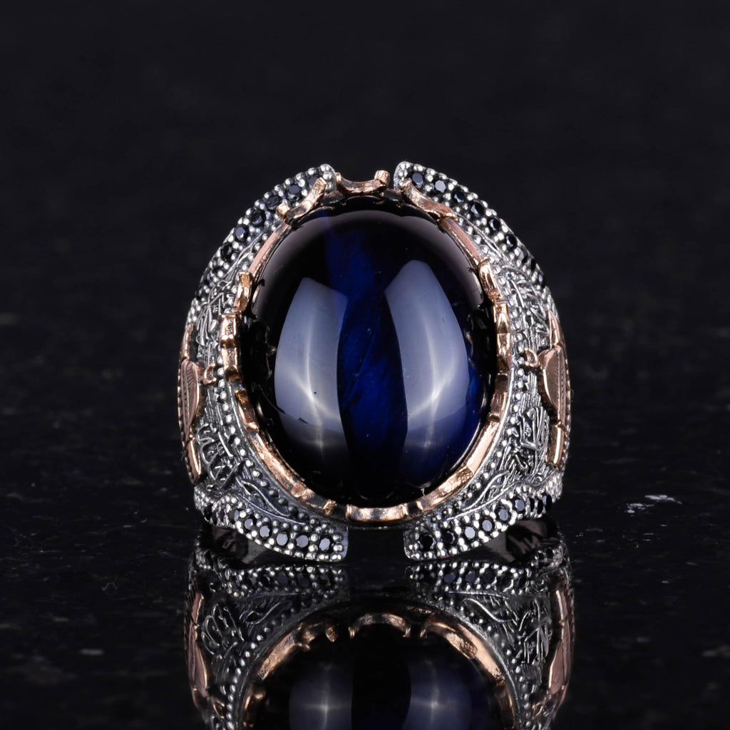 925 Sterling Silver Ring, Dark Blue Cat's Eye Stone Ring — 3