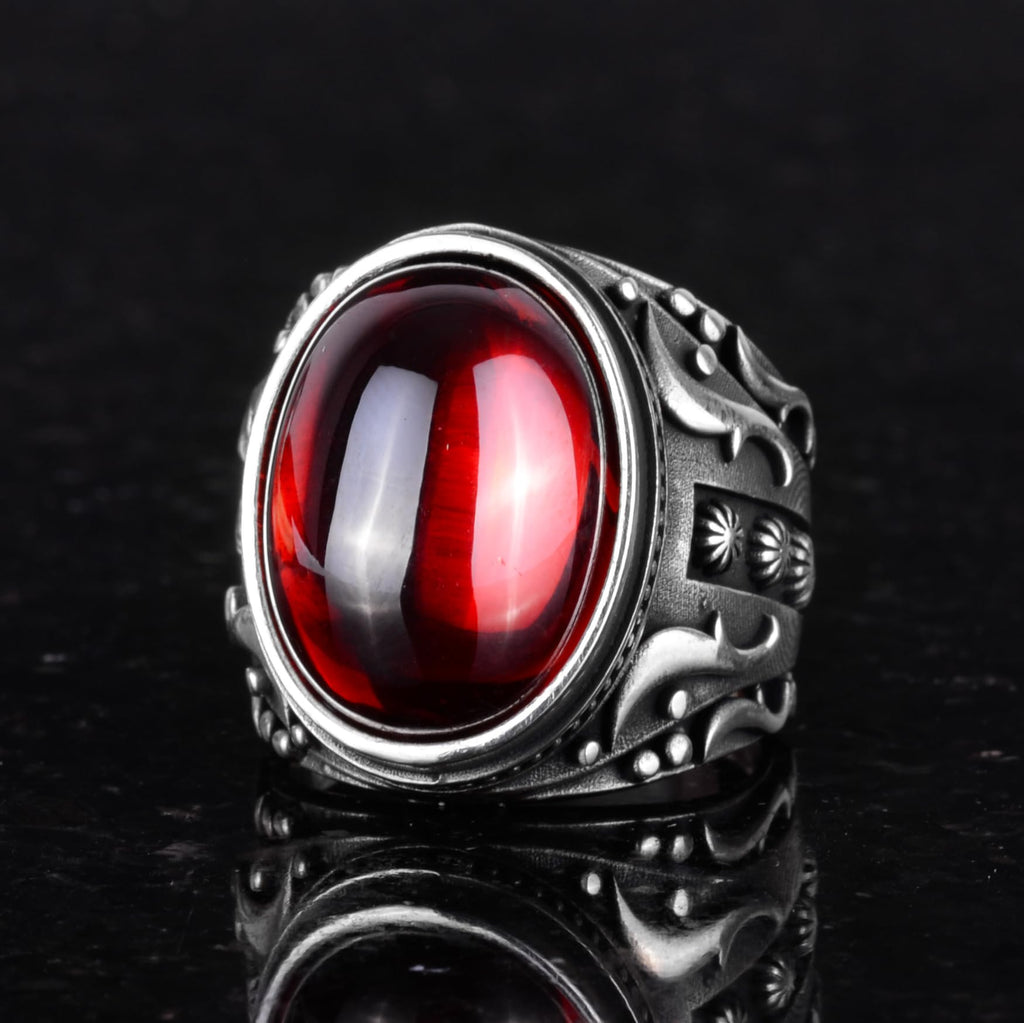 Manufactured Stone Ring, 925 Sterling Silver Ring, Design Silver Men's Ring (Cabochon Made Garnet Stone) — 4