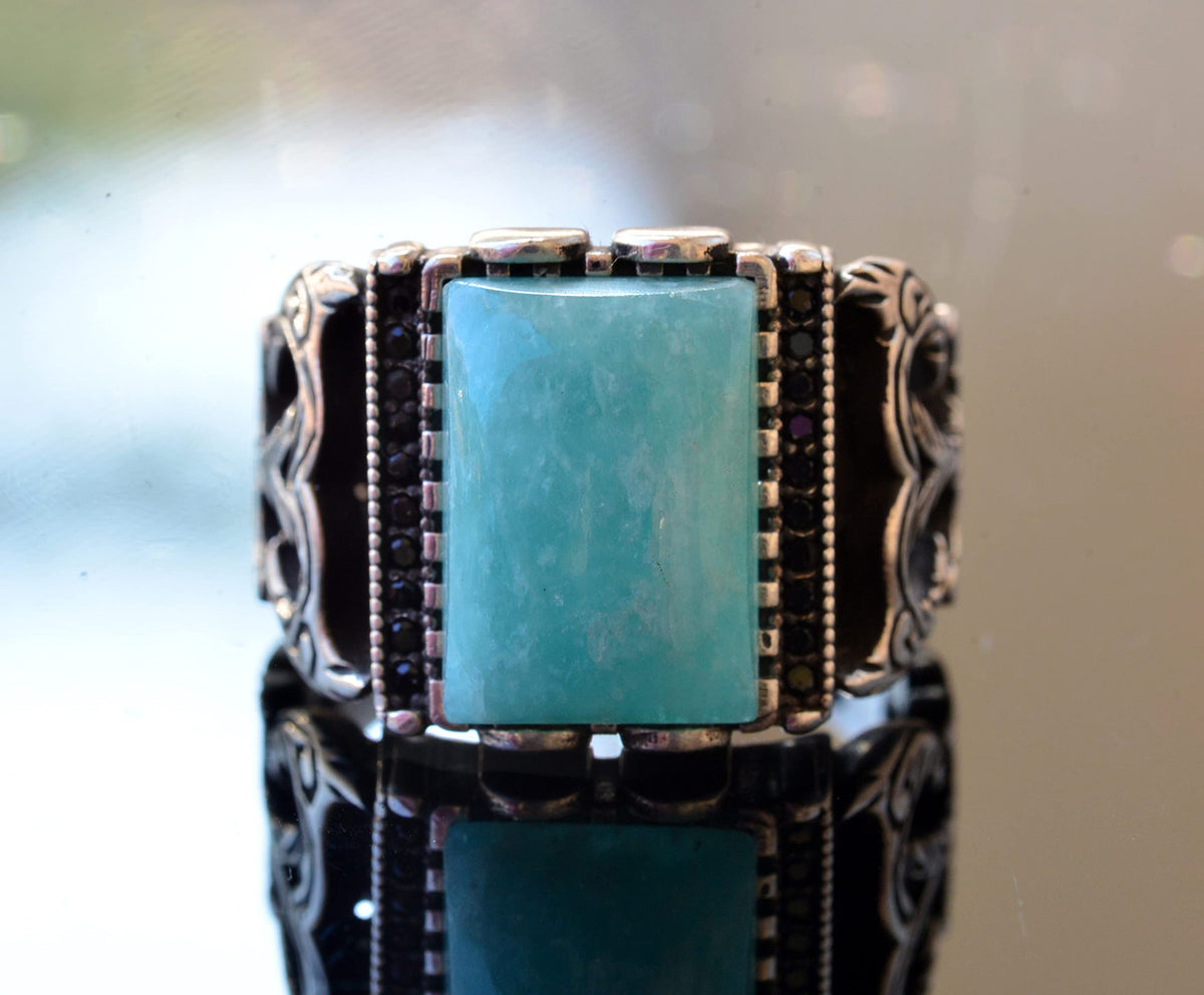 Amazonite Rectangular Stone Men's Ring, 925 Sterling Silver — 5