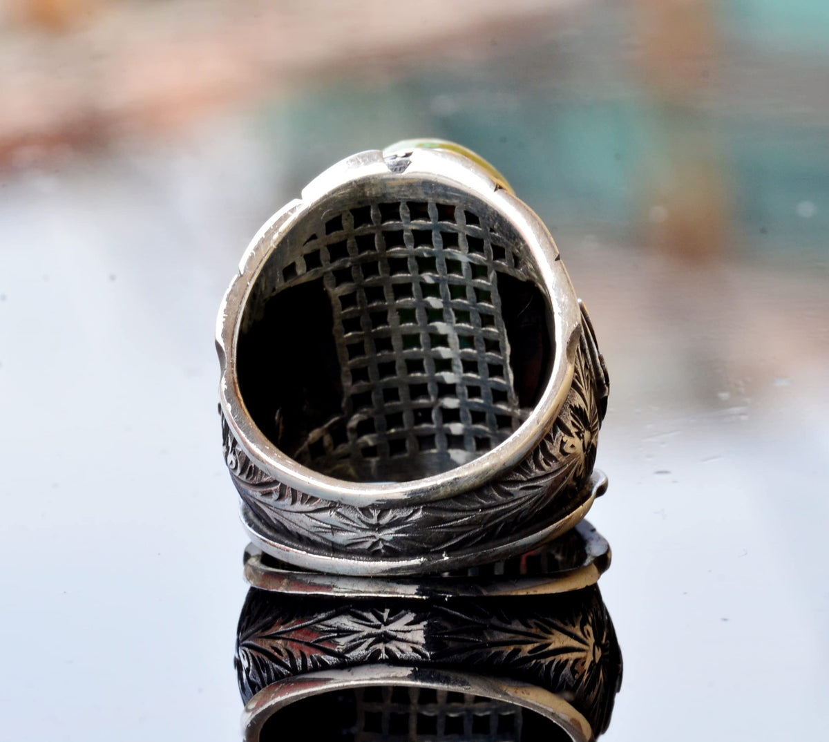 KAMBO Handcrafted 925 Sterling Silver Men's Ring with Genuine Arizona Turquoise - Intricate Ottoman Sign Design - Unique