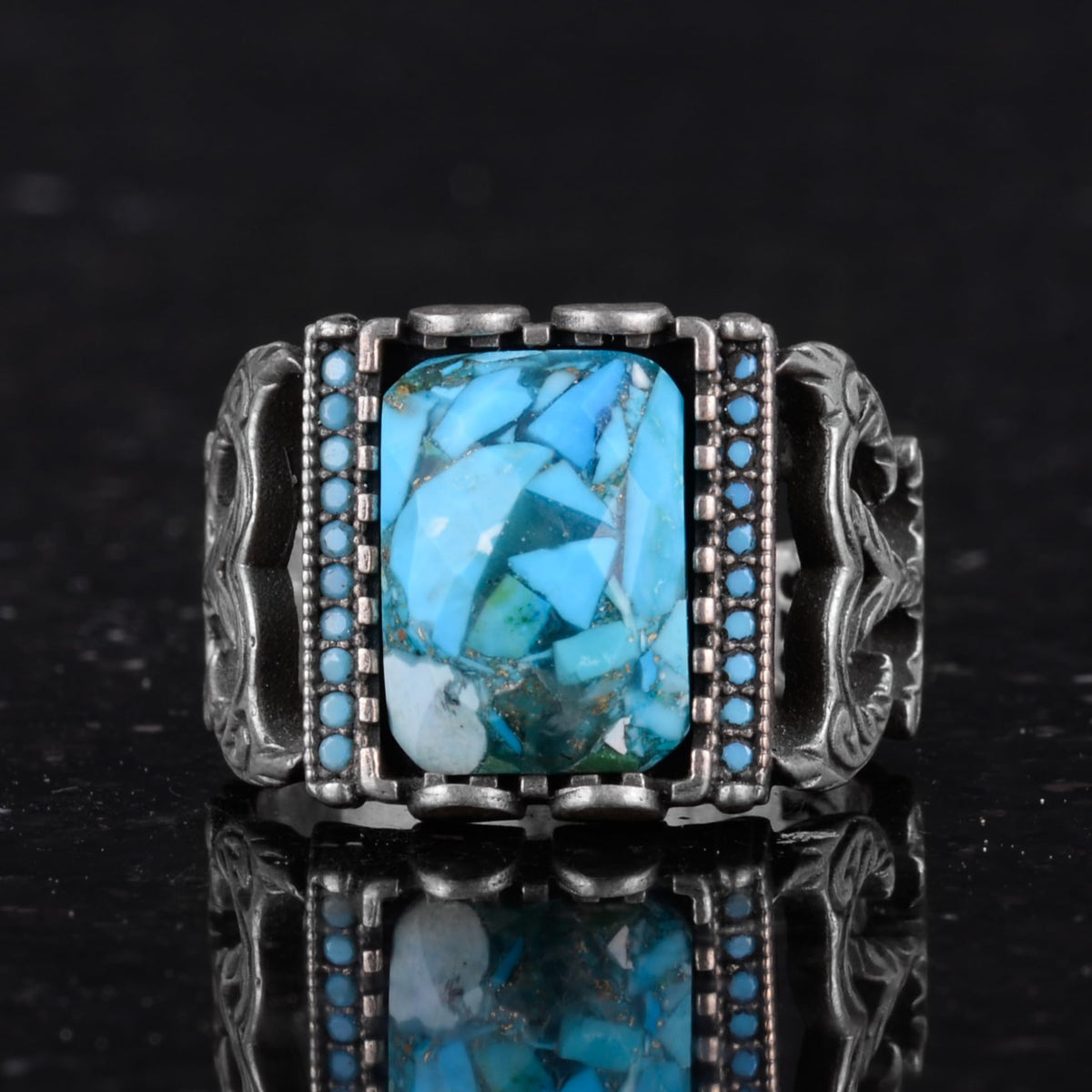 Silver Men's Ring with Natural Turquoise Stone - Brave Square Design — 4