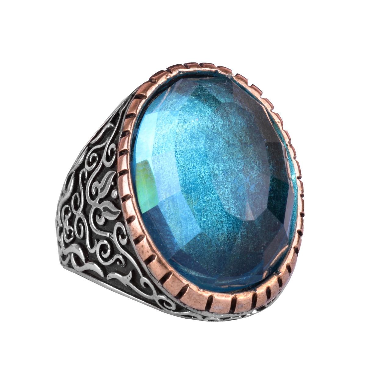 Synthetic Stone Ring, 925 Sterling Silver Men's Ring, Large Ring (Synthetic Aquamarine Stone)