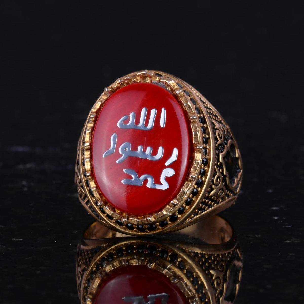 Men's Islamic Ring - 925 Sterling Silver Gold Plated Men's Ring (Red) — 6