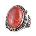KAMBO Men's Genuine Natural Stone Ring – 925 Sterling Silver Large Statement Ring – Handmade Vintage Design – Dark Silver Ring (Red Jasper)