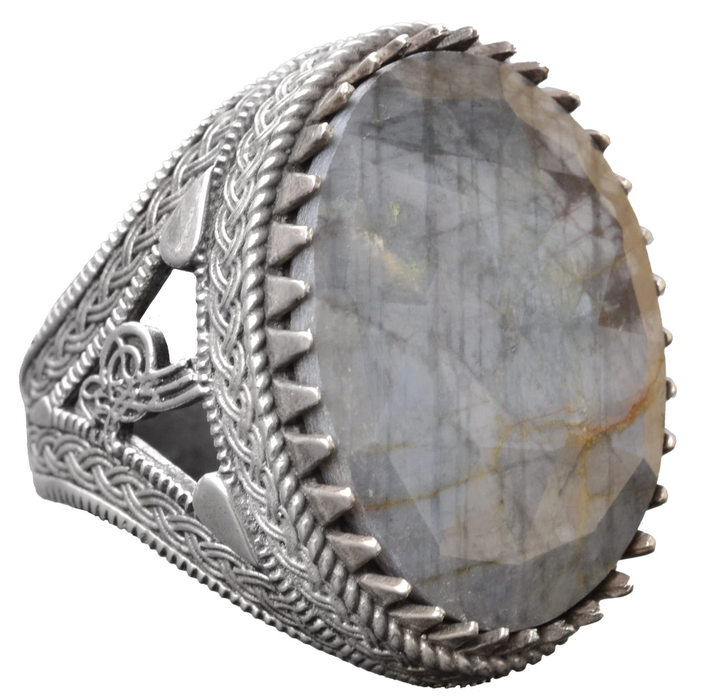 925 Sterling Silver Men's Ring with Natural Labradorite Stone - Detailed Ethnic Design - Handmade Silver Ring