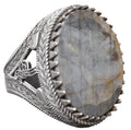 925 Sterling Silver Men's Ring with Natural Labradorite Stone - Detailed Ethnic Design - Handmade Silver Ring