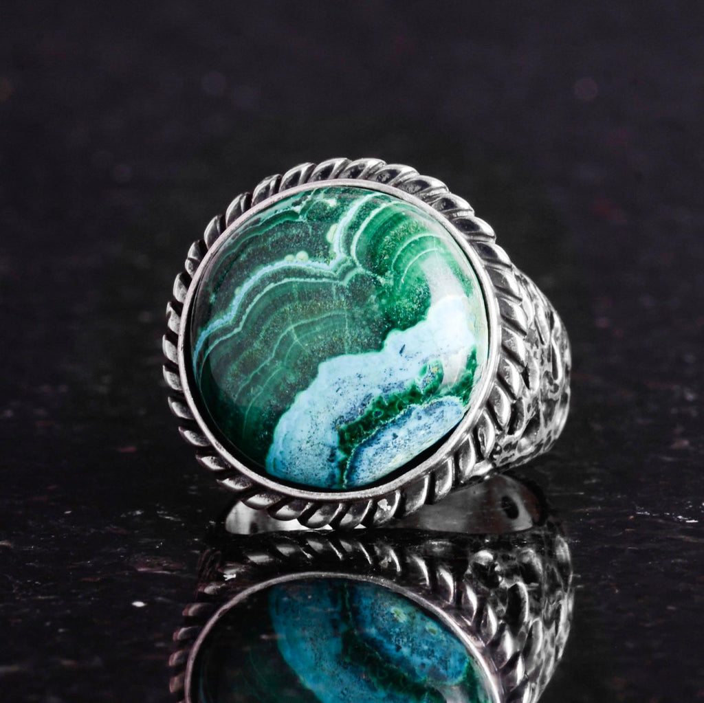 Natural Stone Ring - Chrysocolla with 925 Sterling Silver Men's Ring — 5