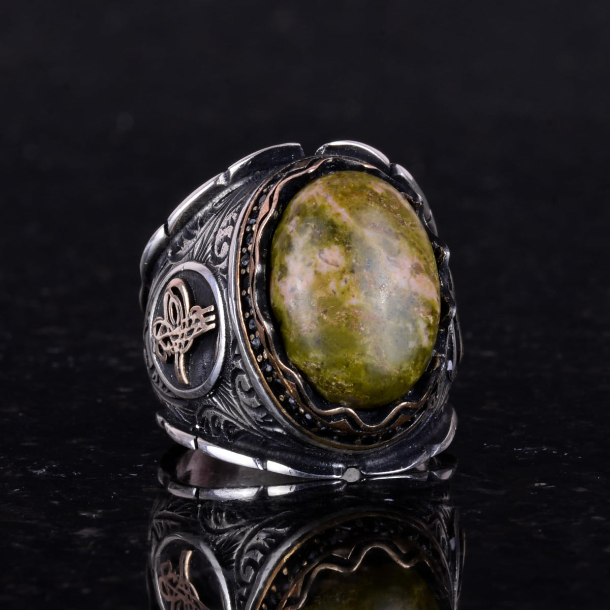 Natural Unakite Stone Ring - Handmade 925 Sterling Silver Men's Ring — 4