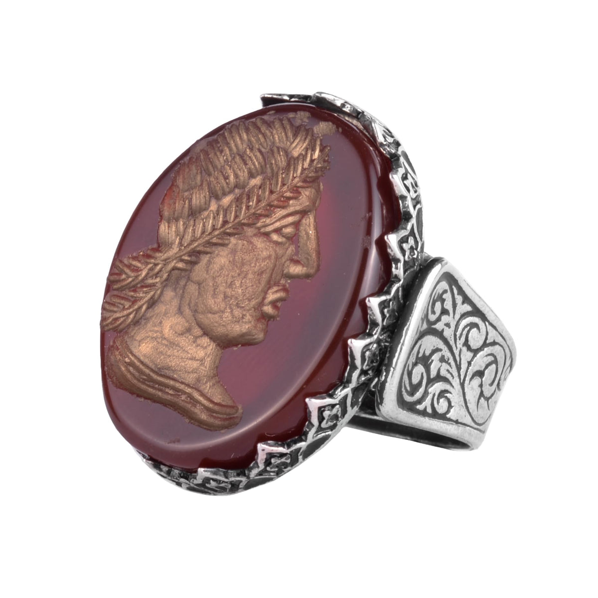 KAMBO Natural Agate Roman Emperor Cameo Large Men's Ring 925 Sterling Silver Caesar Profile Intaglio Vintage Statement Ring