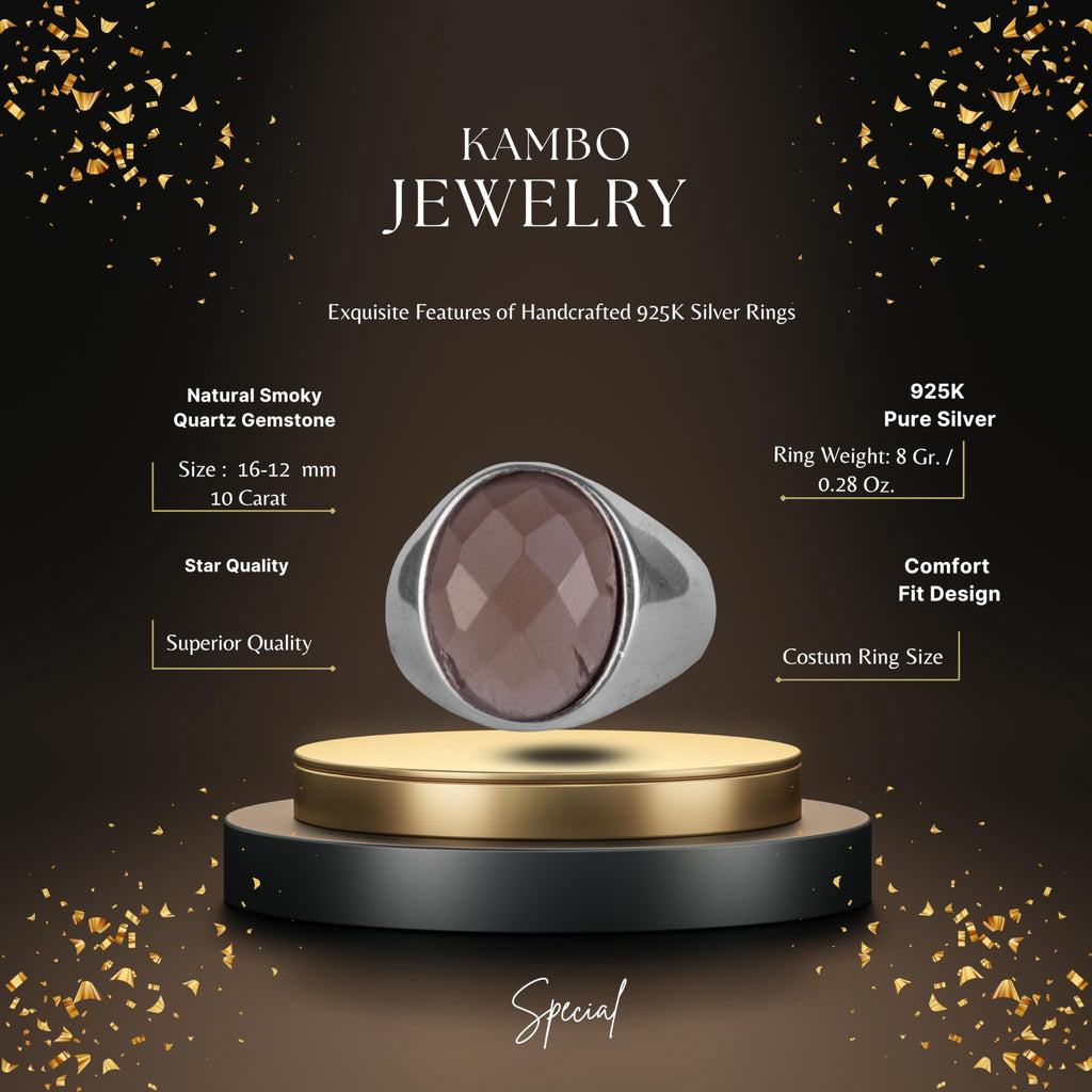 KAMBO Natural Men's Ring – 925 Sterling Silver Minimalist Oval Stone Ring – Handmade Classic Jewelry (Smoky Quartz) — 2