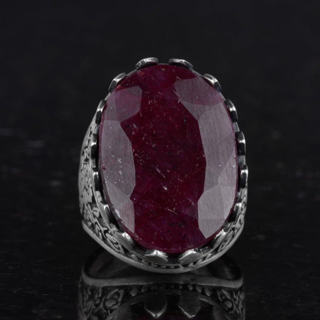Kambo Genuine Natural Ruby Stone Rose Pattern 925 Sterling Silver Handcrafted Large Ring — 4